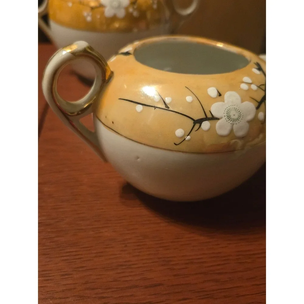 Vintage Lusterware Creamer and Sugar Bowl Set Orange Cherry Blossom Porcelain
